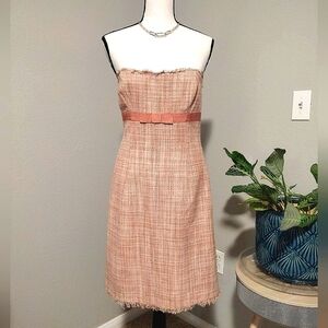 BCBG Max Azria Boucle Strapless Dress 6 Tan Rose Belt Knee Fringe Tweed …